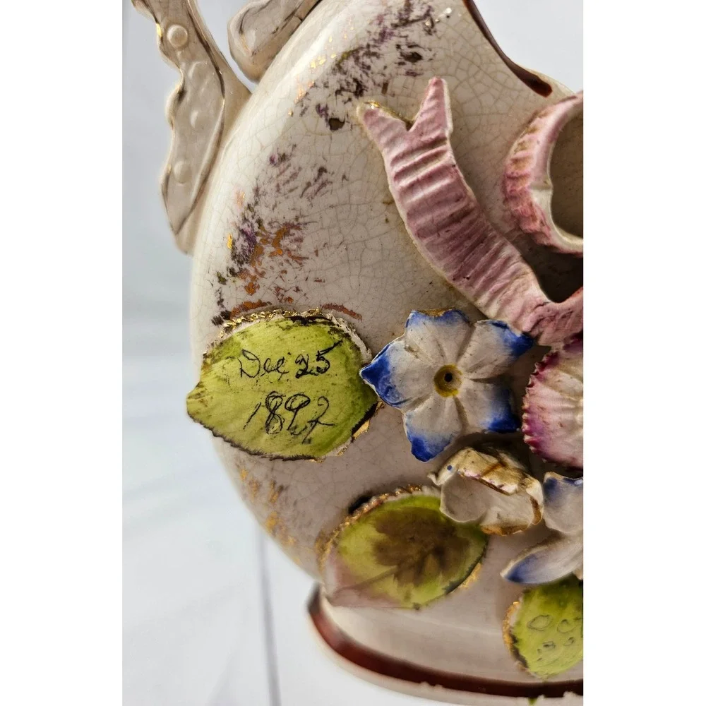 Antique Floral Vase Handled Ceramic 1897 Dated Decor Display‎ Planter
